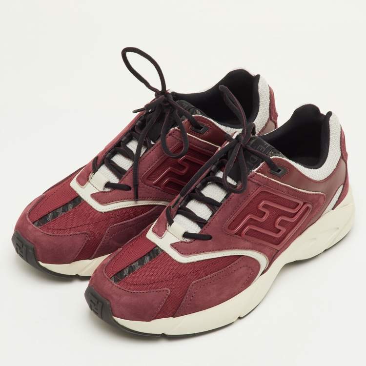 Pre Owned Fendi Faster Size 42 Burgundy Fabric, Leather and Suede Low Top Sneakers
