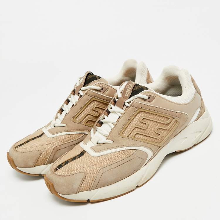 Pre Owned Fendi Faster Size 43 Cream Mesh and Nubuck Leather Lace Up Sneakers