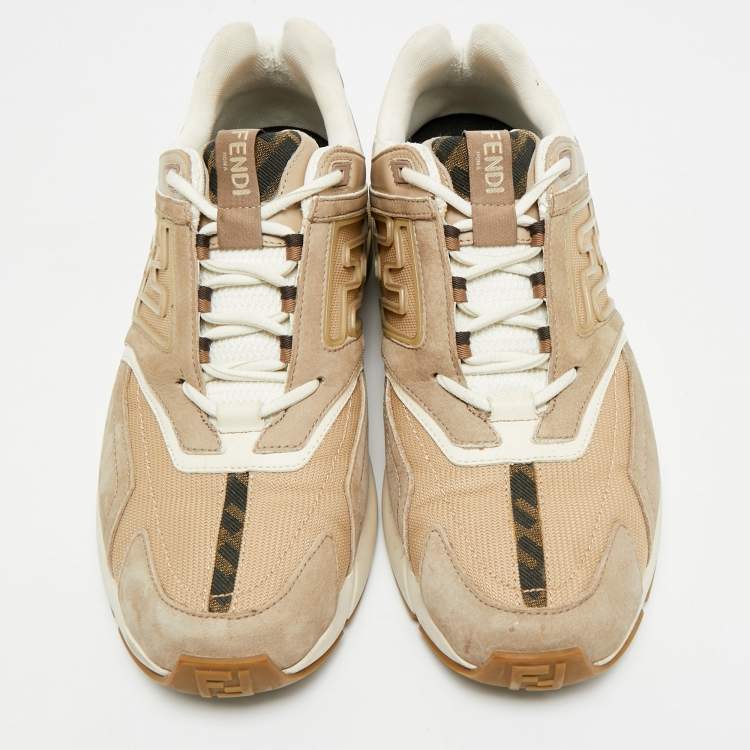 Pre Owned Fendi Faster Size 43 Cream Mesh and Nubuck Leather Lace Up Sneakers
