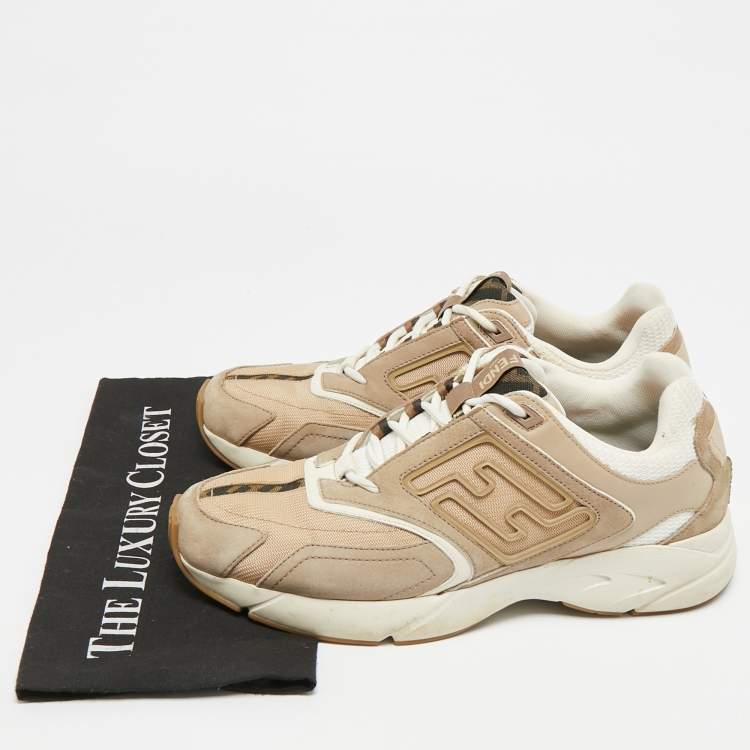 Pre Owned Fendi Faster Size 43 Cream Mesh and Nubuck Leather Lace Up Sneakers