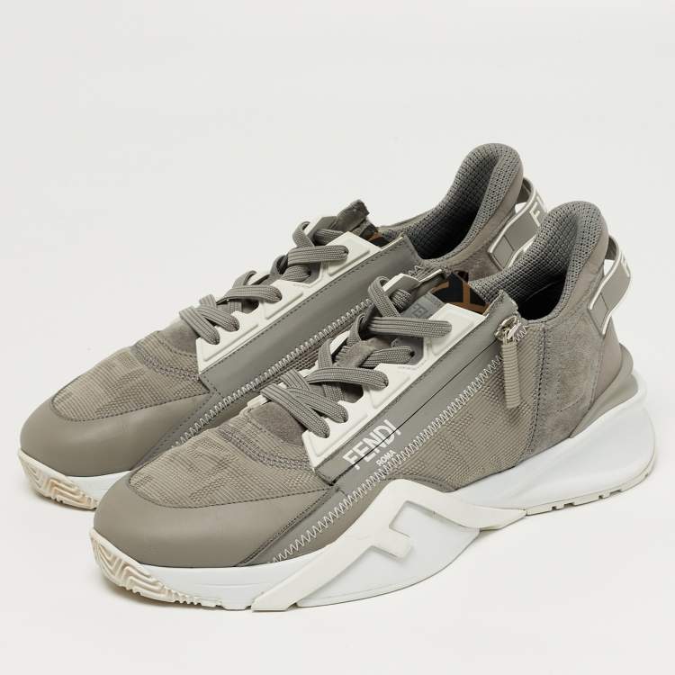 Pre Owned Fendi Flow Size 42 FF Grey Fabric and Leather Low Top Sneakers