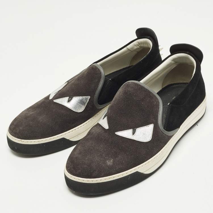 مملوكة مسبقًا Fendi Monster Eyes Size 44.5 Black/Grey Leather and Suede Slip On Sneakers