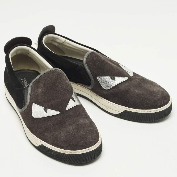 مملوكة مسبقًا Fendi Monster Eyes Size 44.5 Black/Grey Leather and Suede Slip On Sneakers