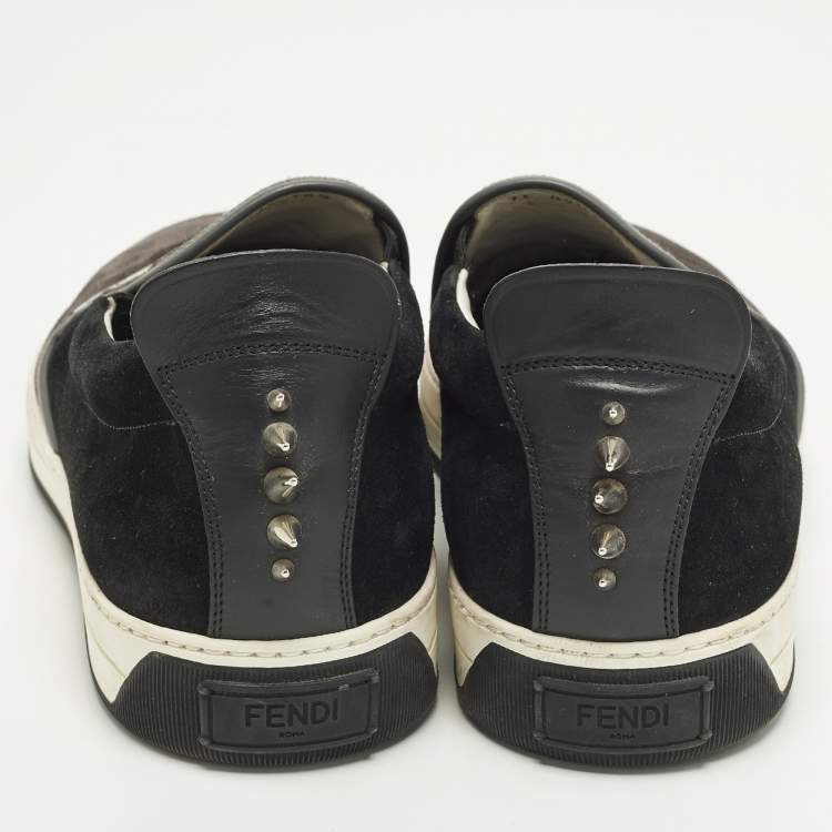 مملوكة مسبقًا Fendi Monster Eyes Size 44.5 Black/Grey Leather and Suede Slip On Sneakers