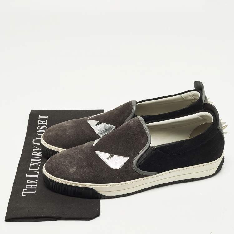 مملوكة مسبقًا Fendi Monster Eyes Size 44.5 Black/Grey Leather and Suede Slip On Sneakers