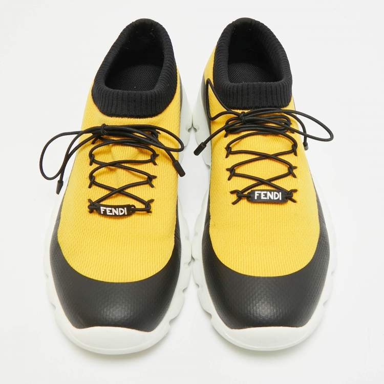 Pre Owned Fendi Bugs Size 40 Yellow/Black Knit Fabric Low Top Sneakers