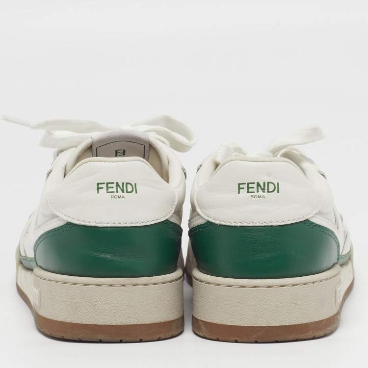 Pre Owned Fendi Match Size 42 White/Green Leather Lace Up Sneakers