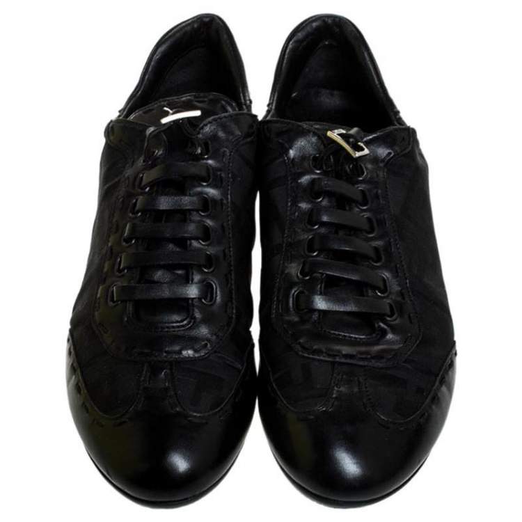 Pre Owned Fendi Black Zucca Canvas and Leather Trim Lace Up Sneakers Size 40