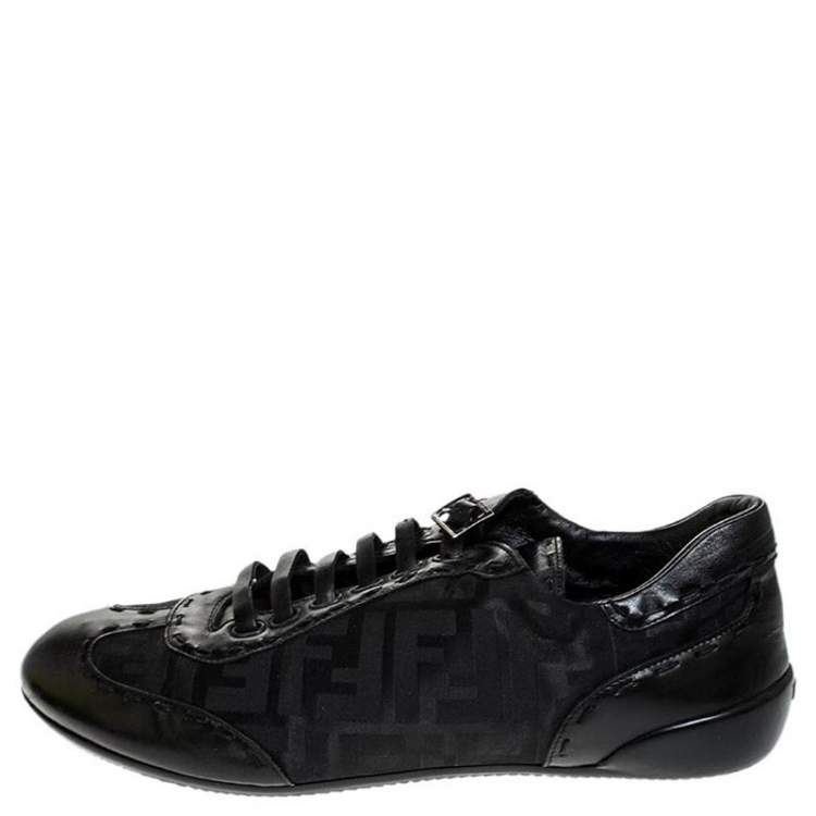 Pre Owned Fendi Black Zucca Canvas and Leather Trim Lace Up Sneakers Size 40