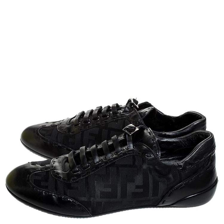 Pre Owned Fendi Black Zucca Canvas and Leather Trim Lace Up Sneakers Size 40