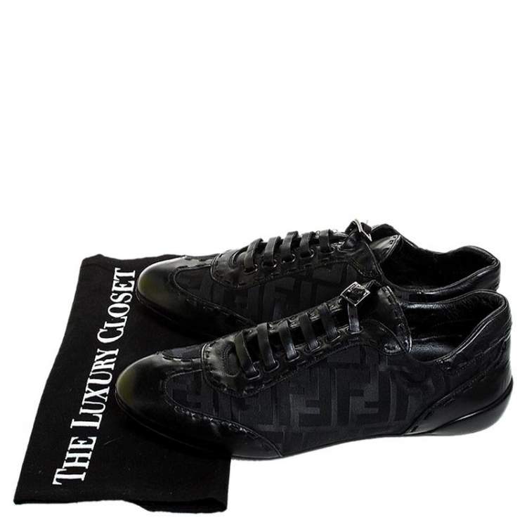 Pre Owned Fendi Black Zucca Canvas and Leather Trim Lace Up Sneakers Size 40