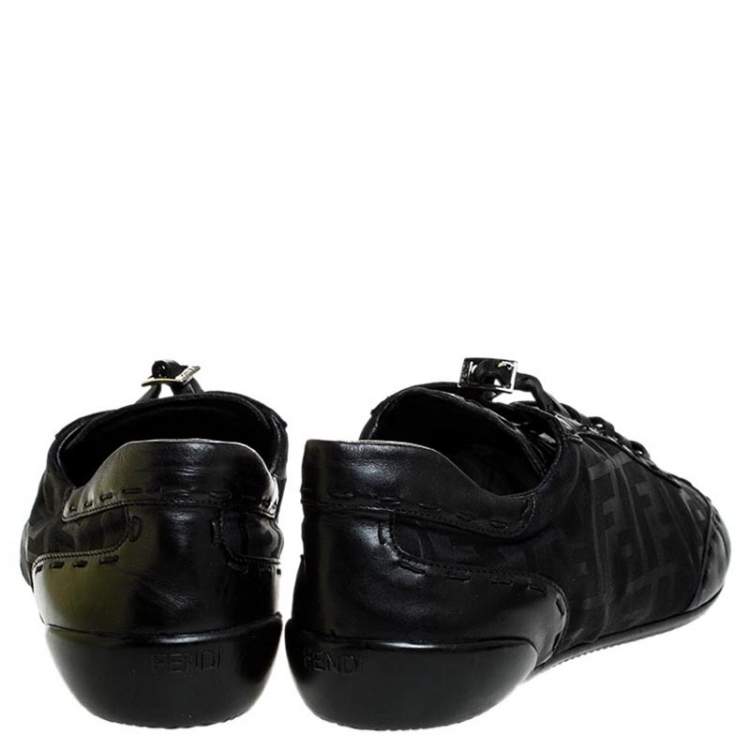 Pre Owned Fendi Black Zucca Canvas and Leather Trim Lace Up Sneakers Size 40