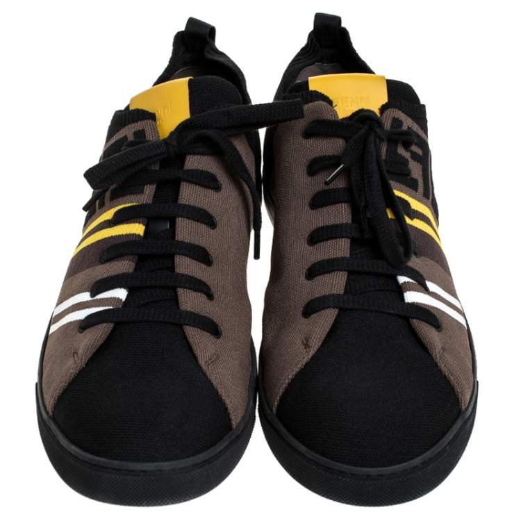 Pre Owned Fendi Black Stretch Knit Fabric And Canvas Low Top Sneakers Size 46