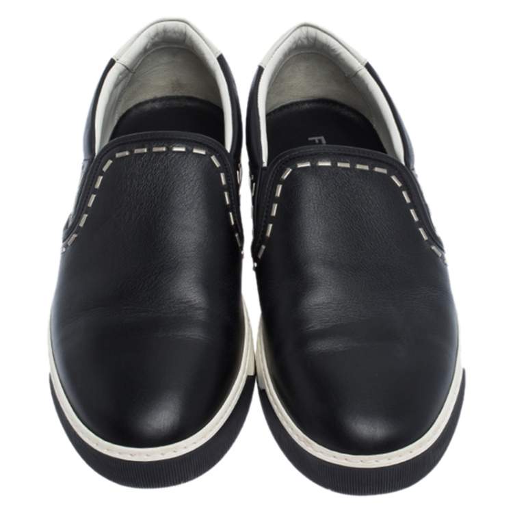 Pre Owned Fendi Black Leather Metal Stitch Slip On Sneakers Size 41