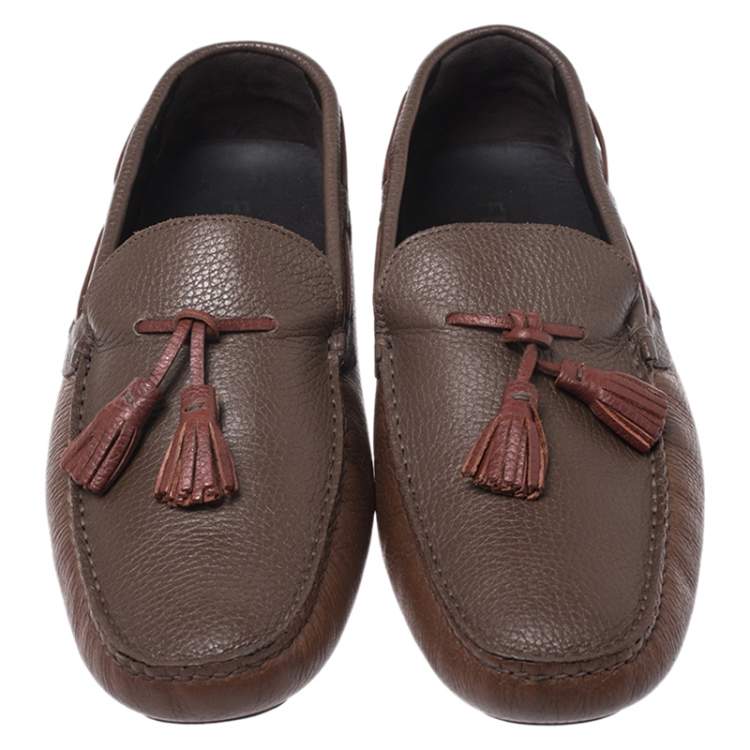 Pre Owned Fendi Brown/Maroon Leather Tassel Loafers Size 45