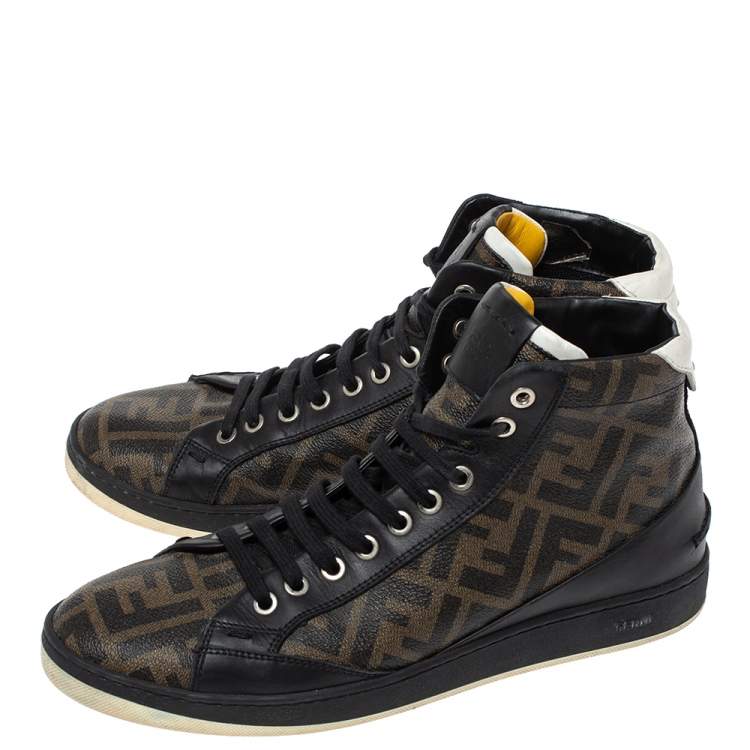 Pre Owned Fendi Black/Brown Zucca Coated Canvas And Leather Wimbledon High Top Sneakers Size 41