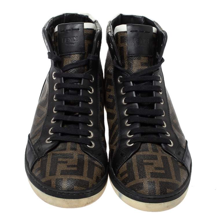 Pre Owned Fendi Black/Brown Zucca Coated Canvas And Leather Wimbledon High Top Sneakers Size 41