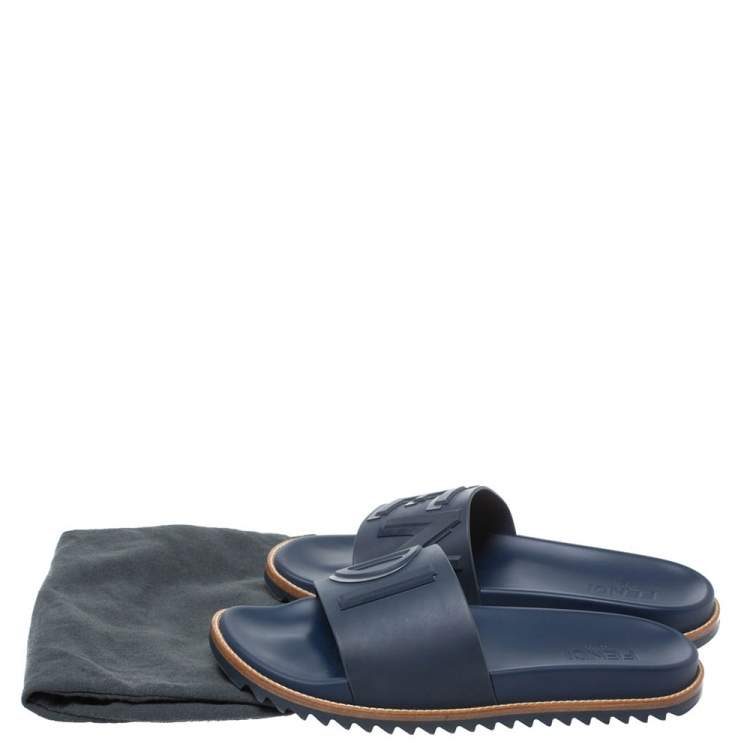 Pre Owned Fendi Blue Rubber Embossed Fendi Logo Slide Sandals Size 42