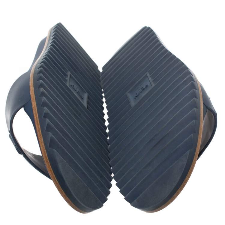 Pre Owned Fendi Blue Rubber Embossed Fendi Logo Slide Sandals Size 42