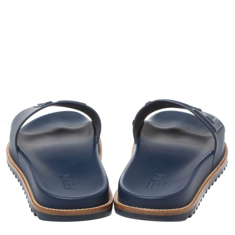 Pre Owned Fendi Blue Rubber Embossed Fendi Logo Slide Sandals Size 42