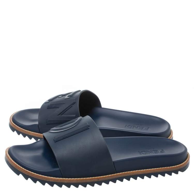 Pre Owned Fendi Blue Rubber Embossed Fendi Logo Slide Sandals Size 42