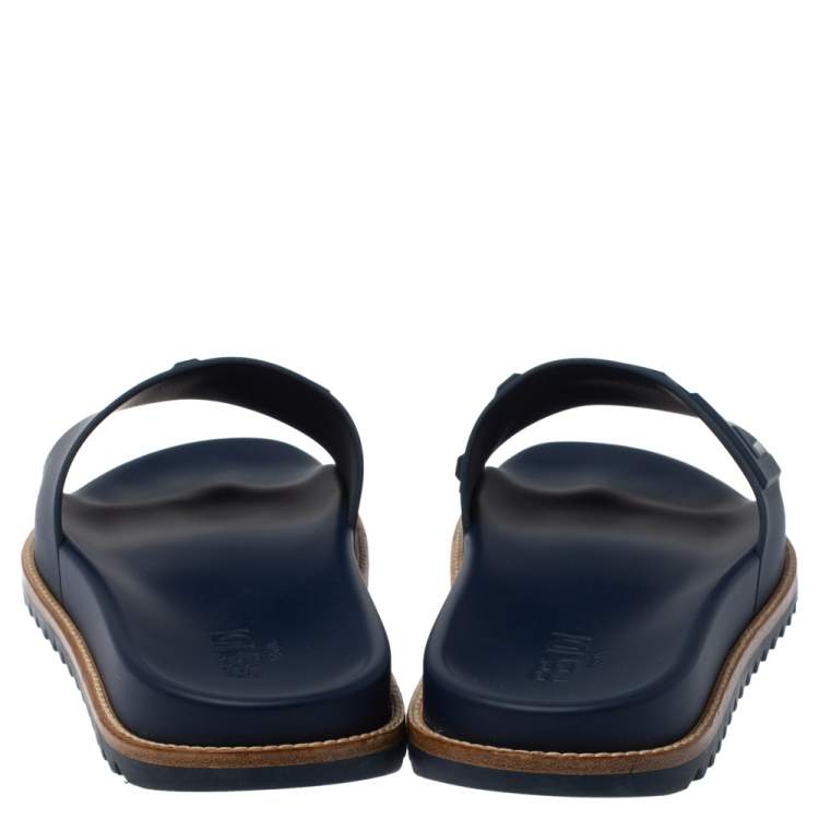Pre Owned Fendi Blue Rubber Embossed Fendi Logo Slide Sandals Size 44