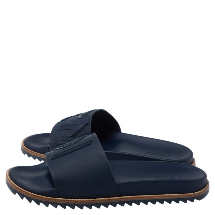 Pre Owned Fendi Blue Rubber Embossed Fendi Logo Slide Sandals Size 44