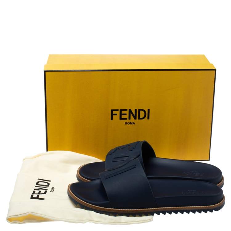 Pre Owned Fendi Blue Rubber Embossed Fendi Logo Slide Sandals Size 44