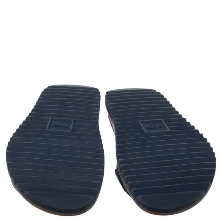 Pre Owned Fendi Blue Rubber Embossed Fendi Logo Slide Sandals Size 44