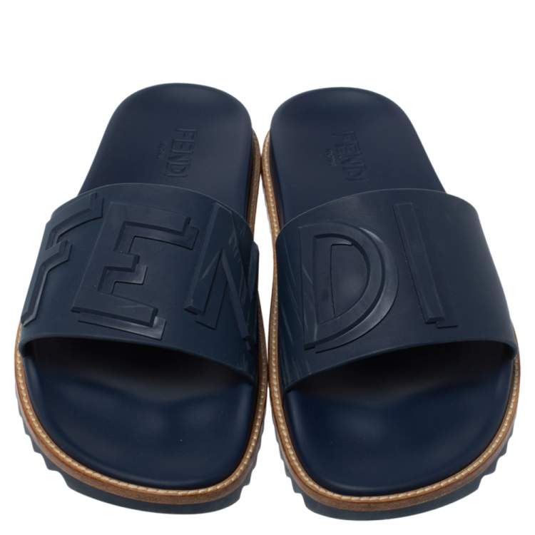 Pre Owned Fendi Blue Rubber Embossed Fendi Logo Slide Sandals Size 44