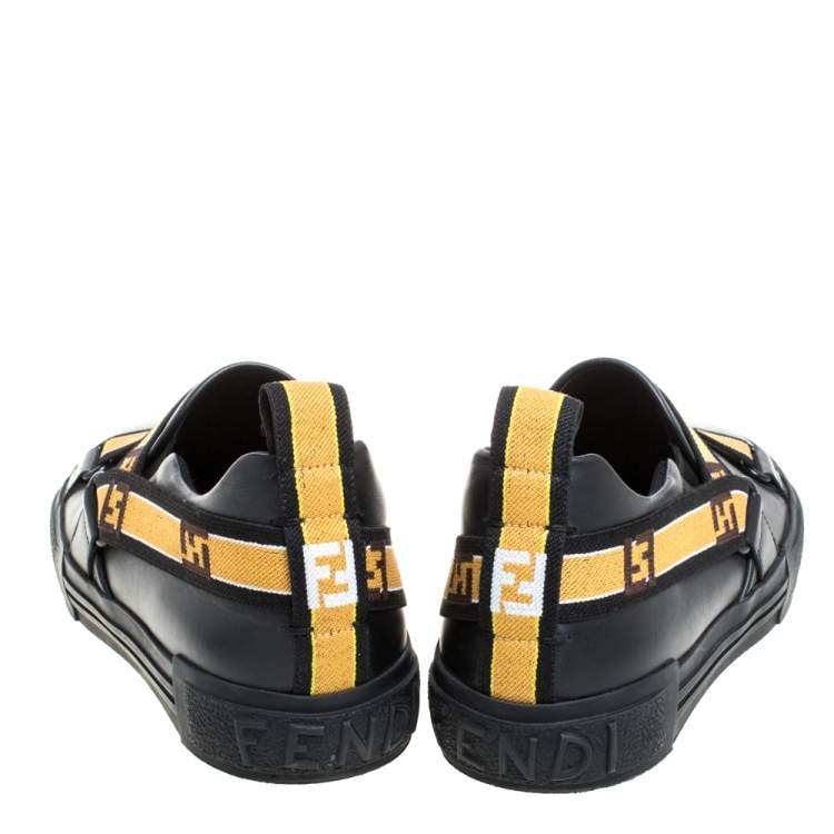 Pre Owned Fendi Black Leather Logo Elastic Strap Slip On Sneakers Size 42