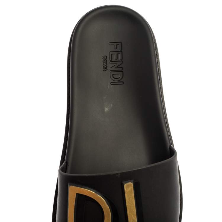 Pre Owned  Fendi Black Rubber Logo Print Slide Sandals Size 44