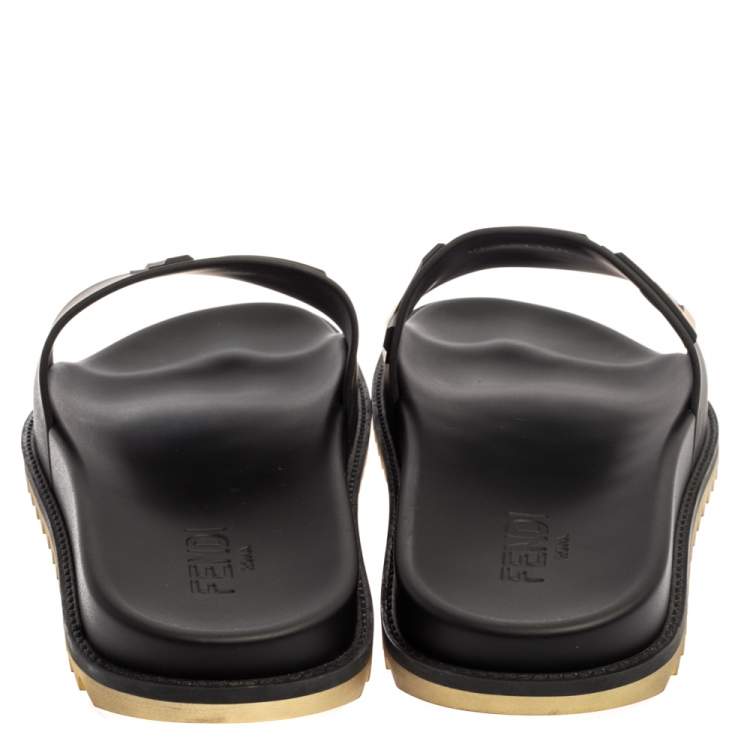 Pre Owned  Fendi Black Rubber Logo Print Slide Sandals Size 44