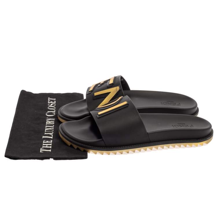 Pre Owned  Fendi Black Rubber Logo Print Slide Sandals Size 44