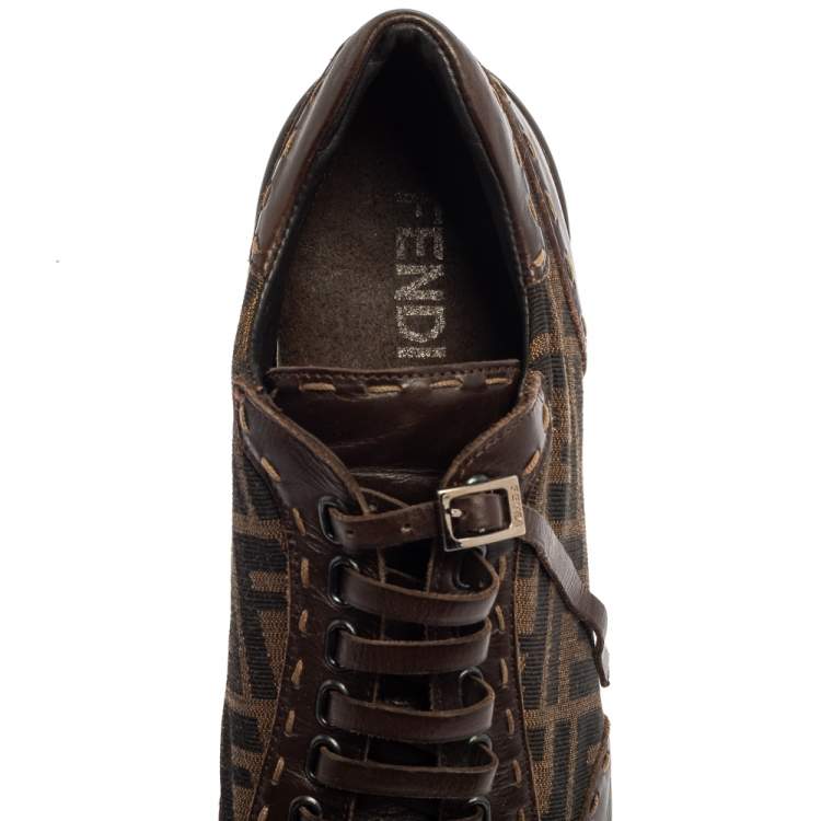Pre Owned Fendi Zucca Canvas And Leather Trim Lace Up Sneakers Size 39.5