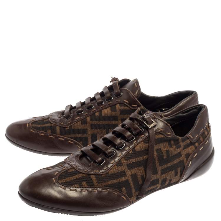 Pre Owned Fendi Zucca Canvas And Leather Trim Lace Up Sneakers Size 39.5