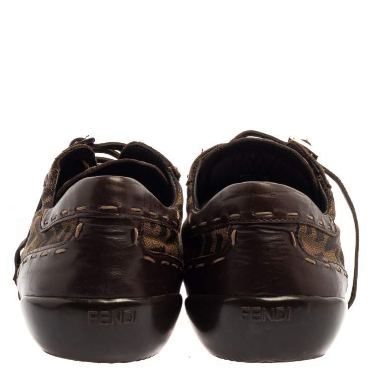 Pre Owned Fendi Zucca Canvas And Leather Trim Lace Up Sneakers Size 39.5