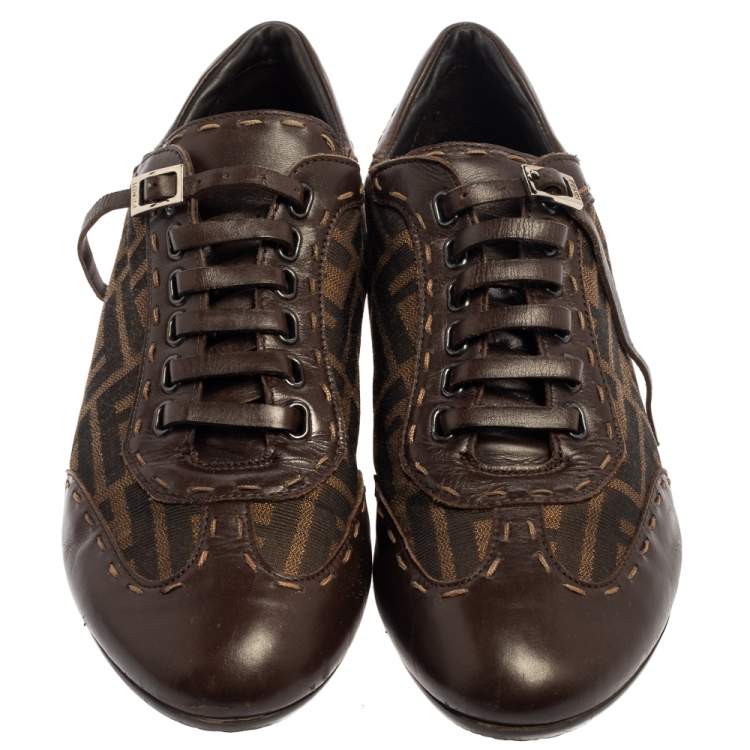 Pre Owned Fendi Zucca Canvas And Leather Trim Lace Up Sneakers Size 39.5