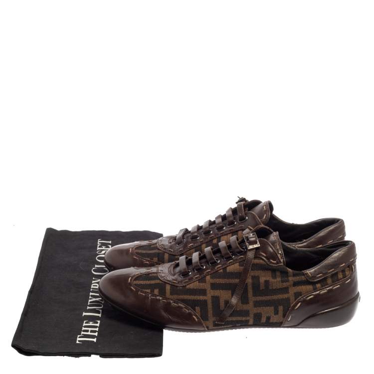 Pre Owned Fendi Zucca Canvas And Leather Trim Lace Up Sneakers Size 39.5