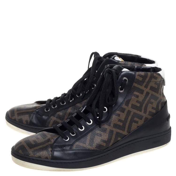 Pre Owned Fendi Brown/Black Zucca Coated Canvas And Leather Wimbledon High Top Sneakers Size 43