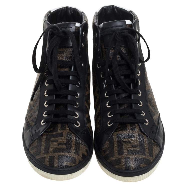 Pre Owned Fendi Brown/Black Zucca Coated Canvas And Leather Wimbledon High Top Sneakers Size 43