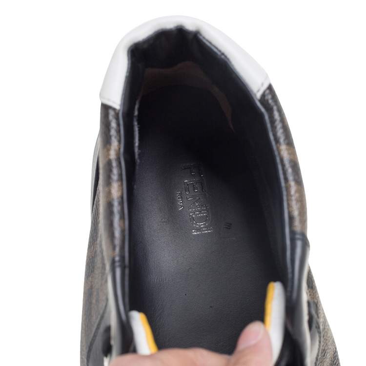 Pre Owned Fendi Brown/Black Zucca Coated Canvas And Leather Wimbledon High Top Sneakers Size 43