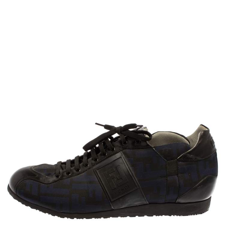 Pre Owned Fendi Blue/Black Zucca Canvas And Leather Low Top Sneakers Size 42.5