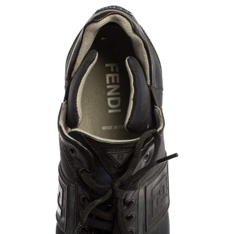 Pre Owned Fendi Blue/Black Zucca Canvas And Leather Low Top Sneakers Size 42.5