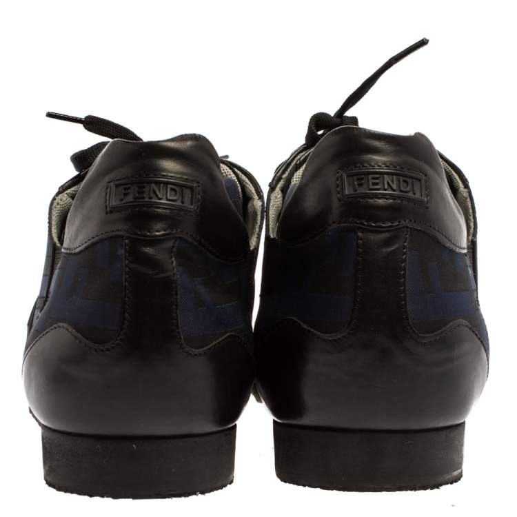 Pre Owned Fendi Blue/Black Zucca Canvas And Leather Low Top Sneakers Size 42.5