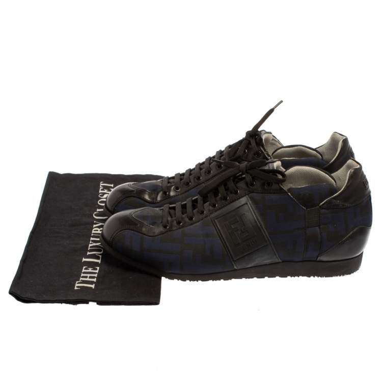 Pre Owned Fendi Blue/Black Zucca Canvas And Leather Low Top Sneakers Size 42.5