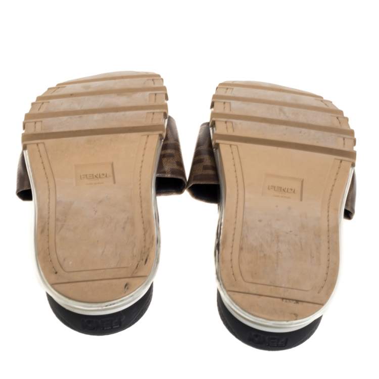 Pre Owned Fendi Brown/Beige Coated Canvas FF Logo Bubble Sole Slides Size 42