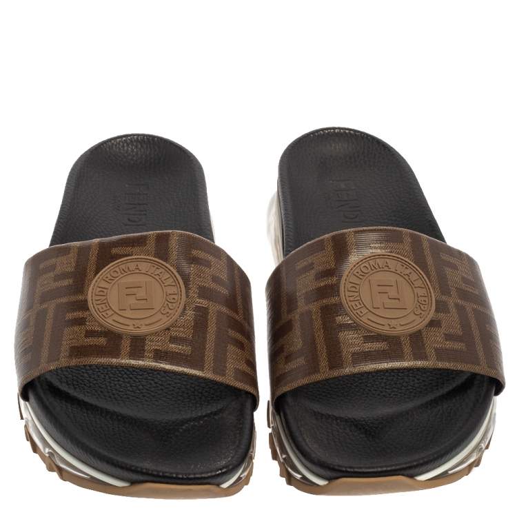 Pre Owned Fendi Brown Zucca Coated Canvas Embellished Flat Slide Sandals Size 43