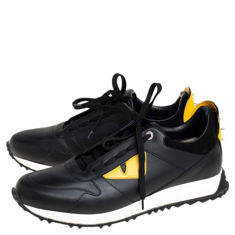 Pre Owned Fendi Black/Yellow Leather Monster Eyes Sneakers Studded Low Top Sneakers Size 42