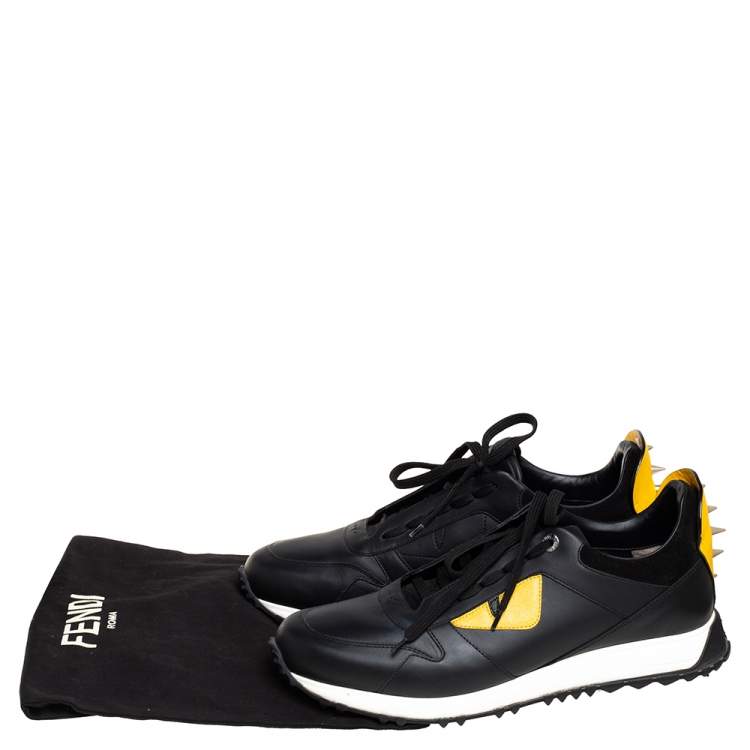 Pre Owned Fendi Black/Yellow Leather Monster Eyes Sneakers Studded Low Top Sneakers Size 42